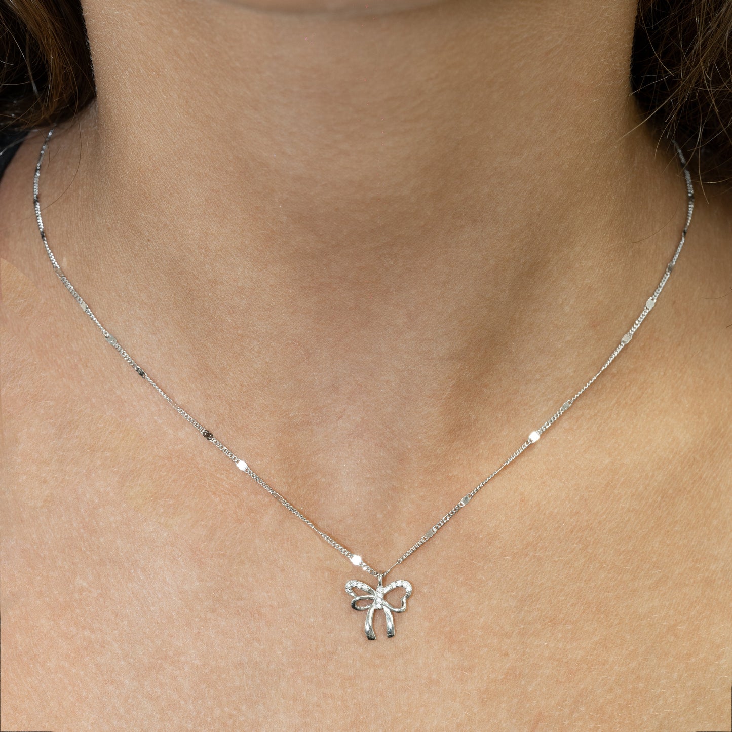 Silver Ribbon Bow Pendant Necklace
