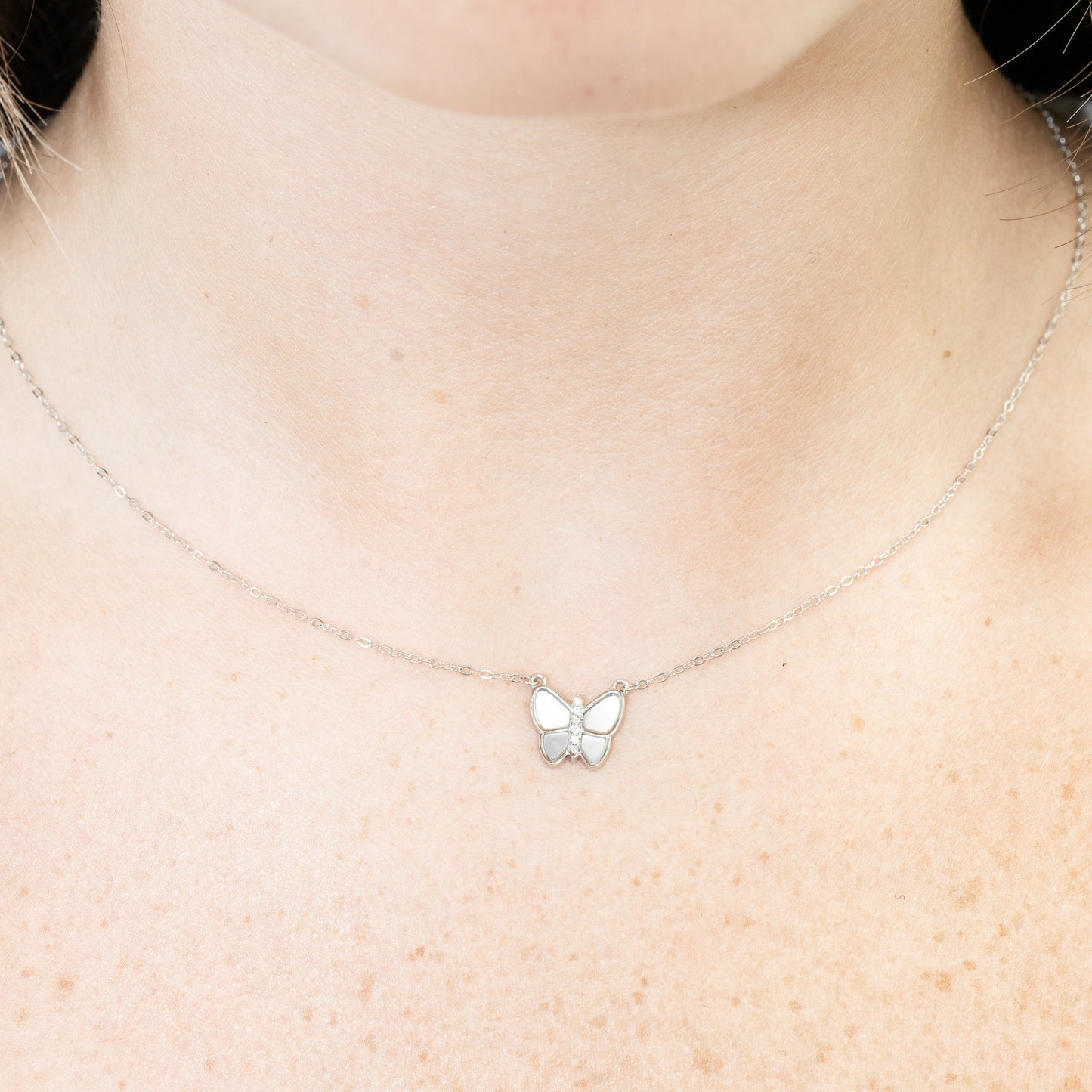 Elegant Mother-of-Pearl Butterfly Sterling Silver & Cubic Zirconia Necklace