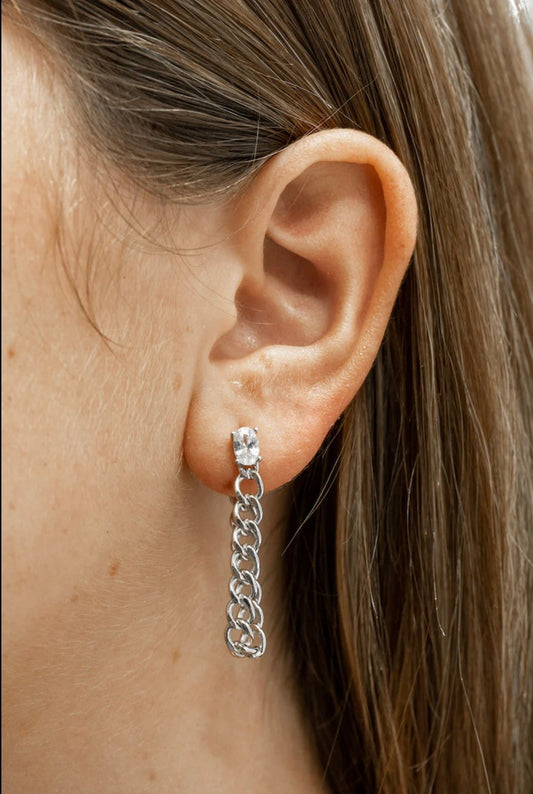 Sterling Silver Oval CZ & Chain Drop Earrings