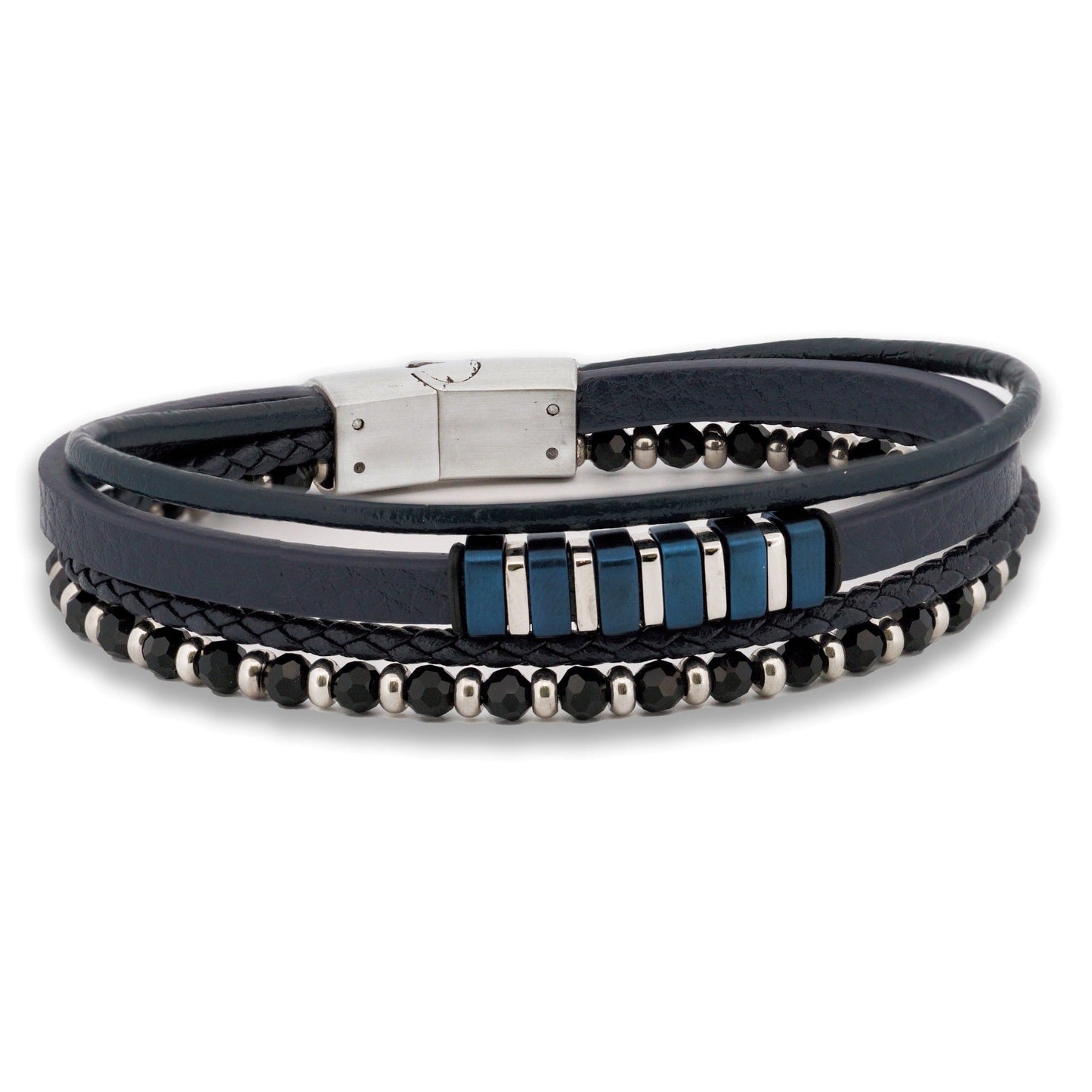 Men's Multi-Strand Leather Bracelet with Stainless Steel & Bead Detailing