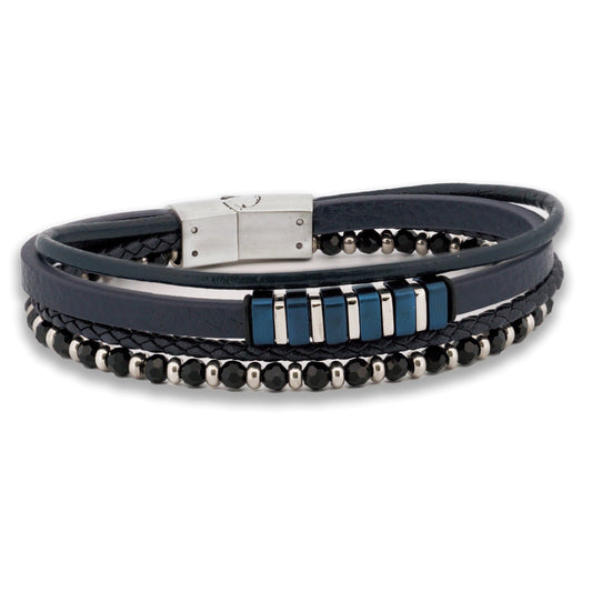 Men's Multi-Strand Leather Bracelet with Stainless Steel & Bead Detailing