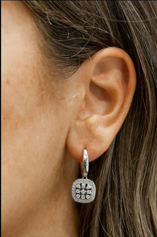 Silver Square Drop Hoop Earrings