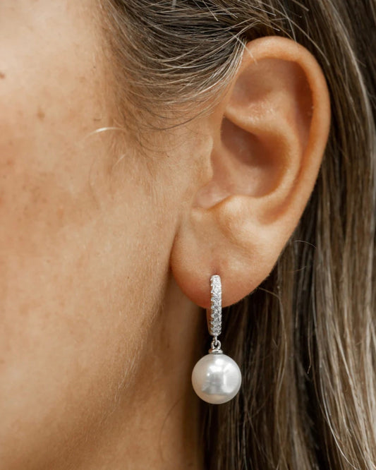 Sterling Silver Pearl & CZ Drop Huggie Earrings