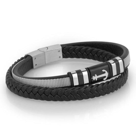 Anchor Point Leather & Steel Dual Strand Bracelet