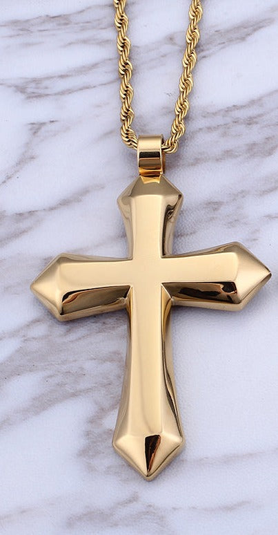Bold Gold-Tone Stainless Steel Cross Pendant Necklace