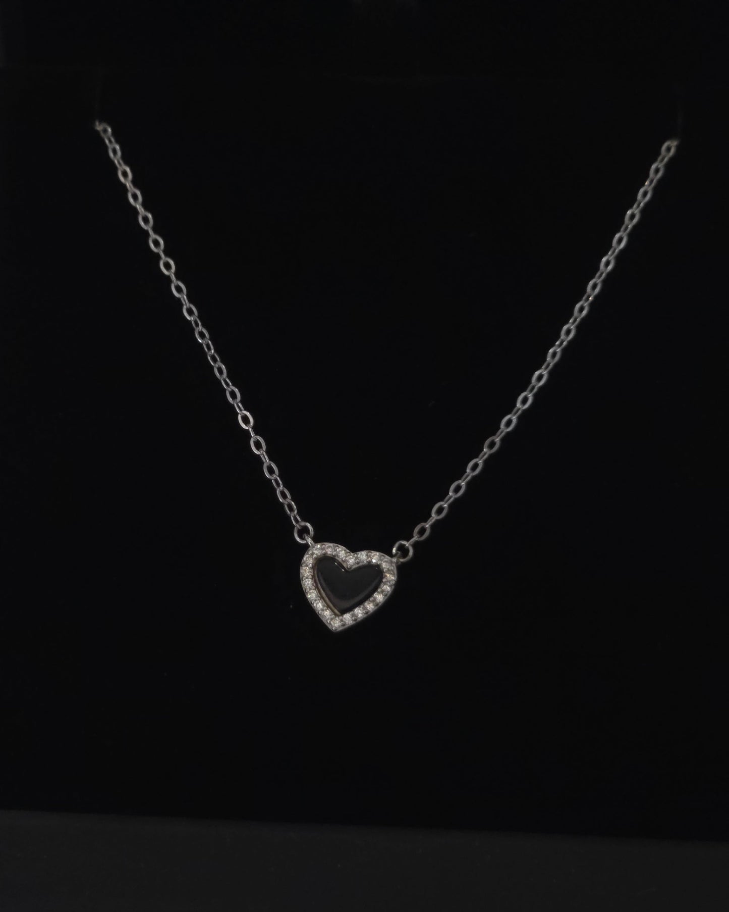 Sterling Silver 925 Black Enamel Heart Pendant Necklace