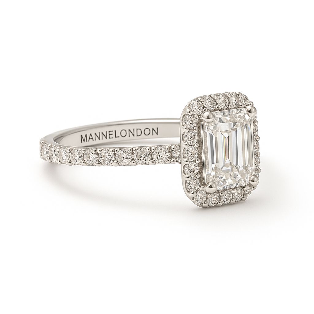 2.0ct D-Colour Emerald Cut Moissanite Halo Ring - GRA Certified