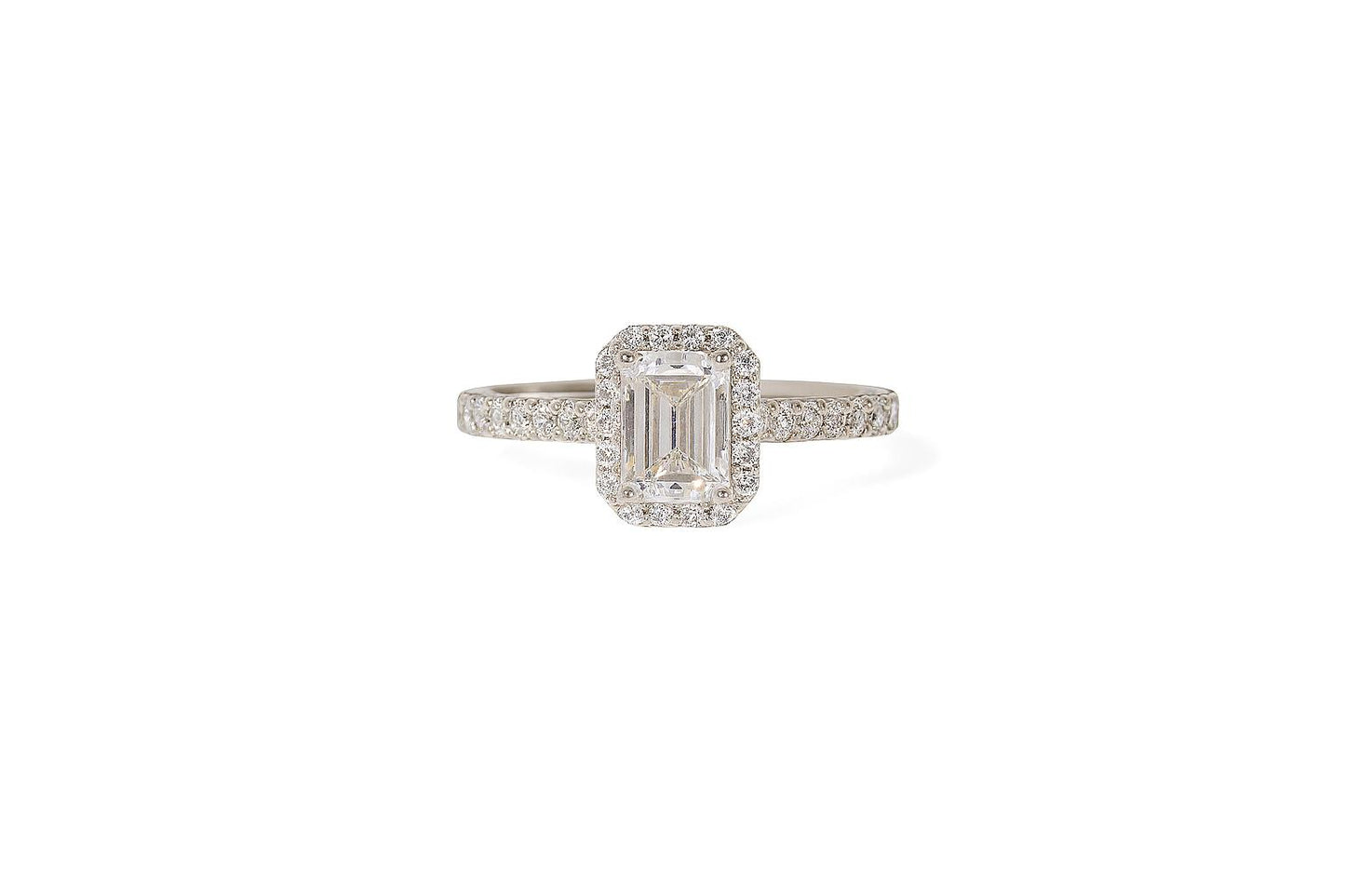 2.0ct D-Colour Emerald Cut Moissanite Halo Ring - GRA Certified
