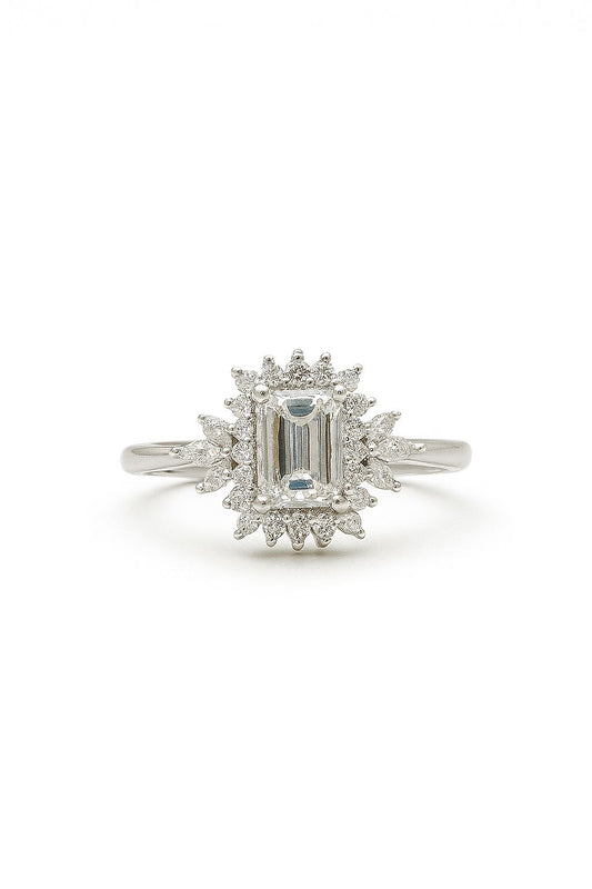 0.8ct D-Colour Moissanite Emerald Cut Sterling Silver Engagement Ring - GRA Certified
