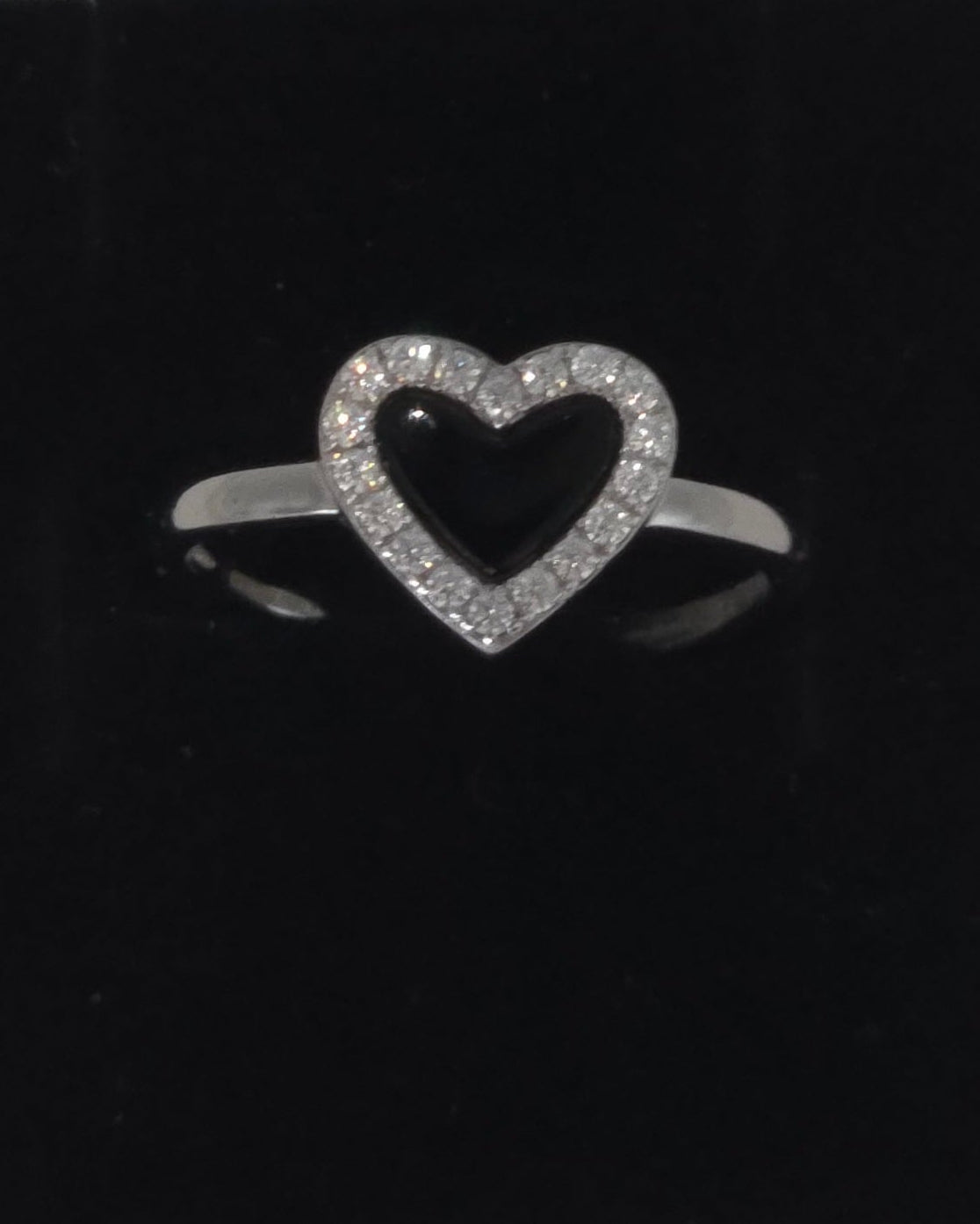 Sterling Silver 925 Black Enamel Heart Ring with CZ Halo