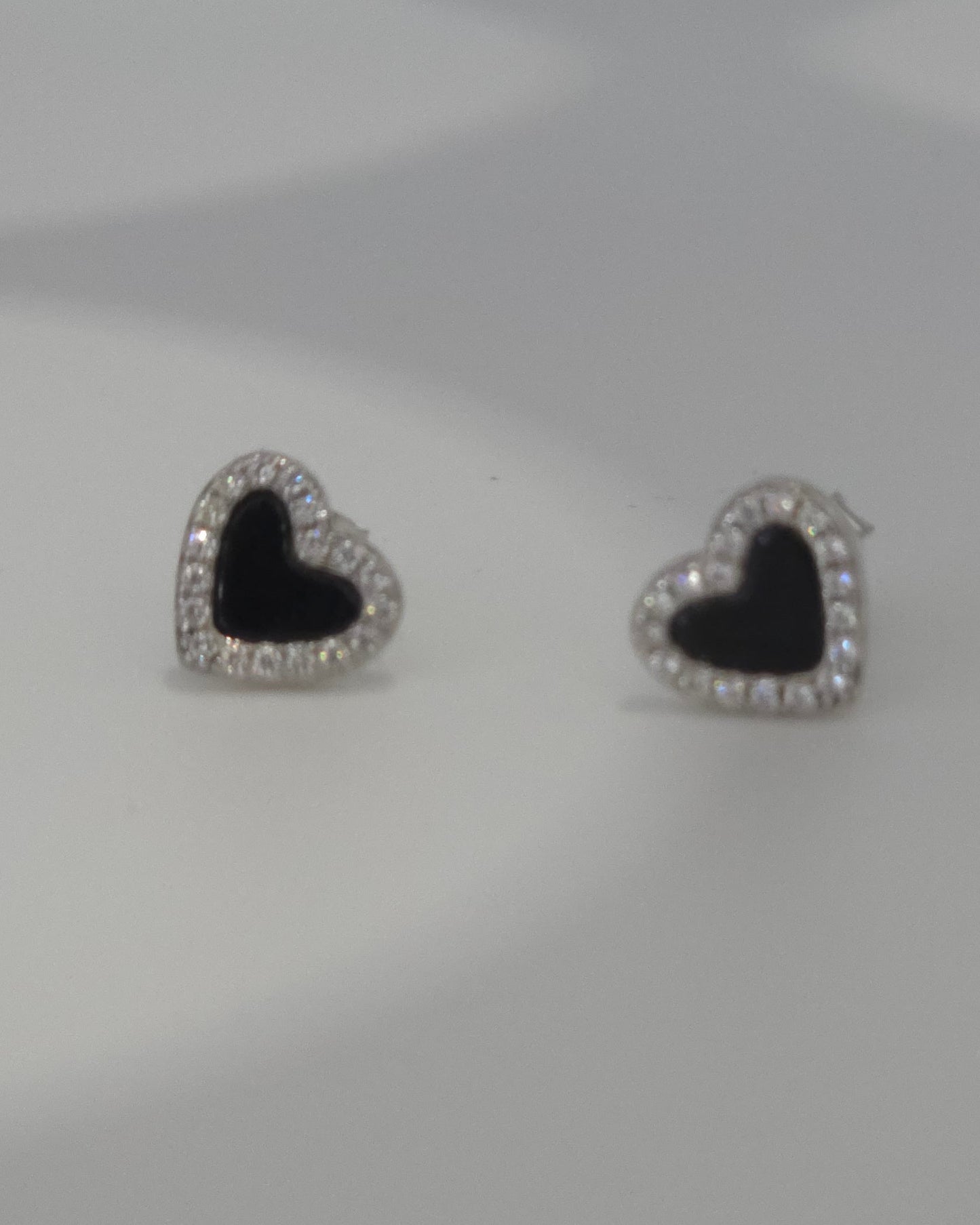 Sterling Silver 925 Black Enamel & CZ Heart Stud Earrings