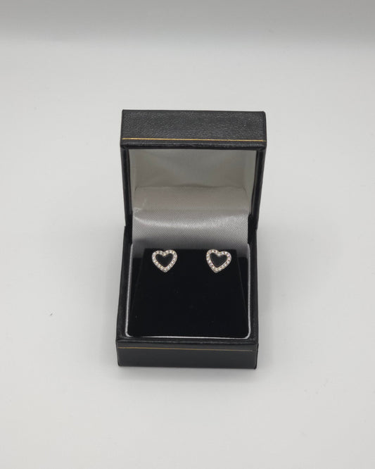 Sterling Silver 925 Black Enamel & CZ Heart Stud Earrings