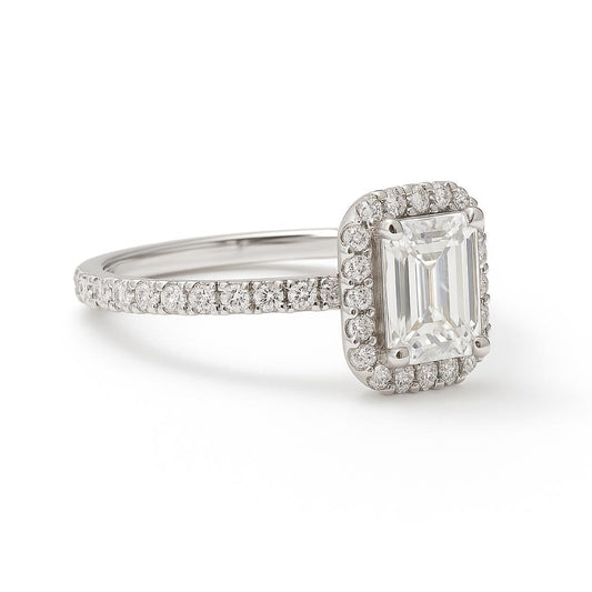 2.0ct D-Colour Emerald Cut Moissanite Halo Ring - GRA Certified
