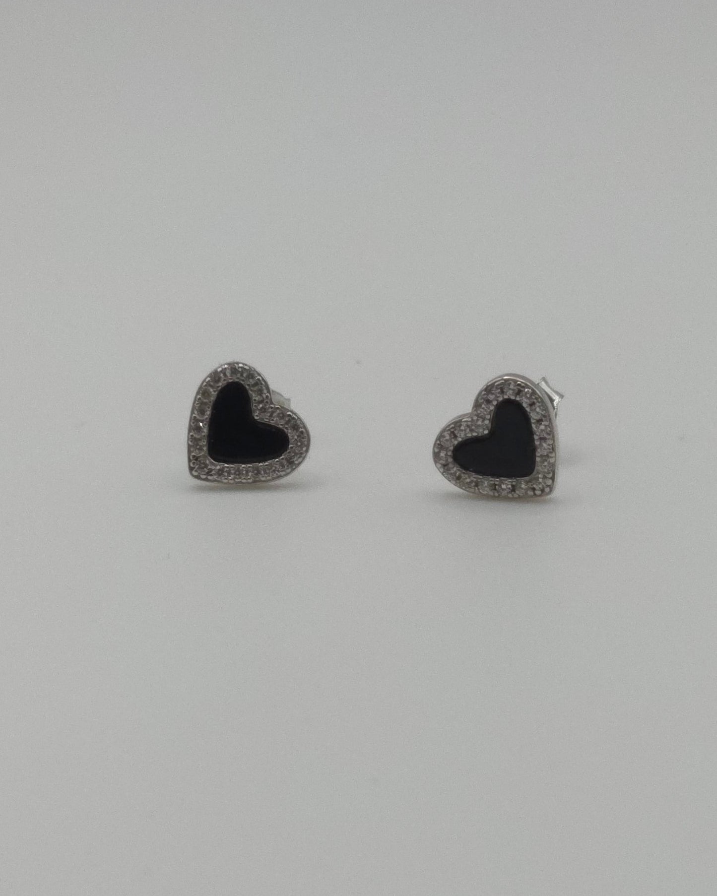 Sterling Silver 925 Black Enamel & CZ Heart Stud Earrings
