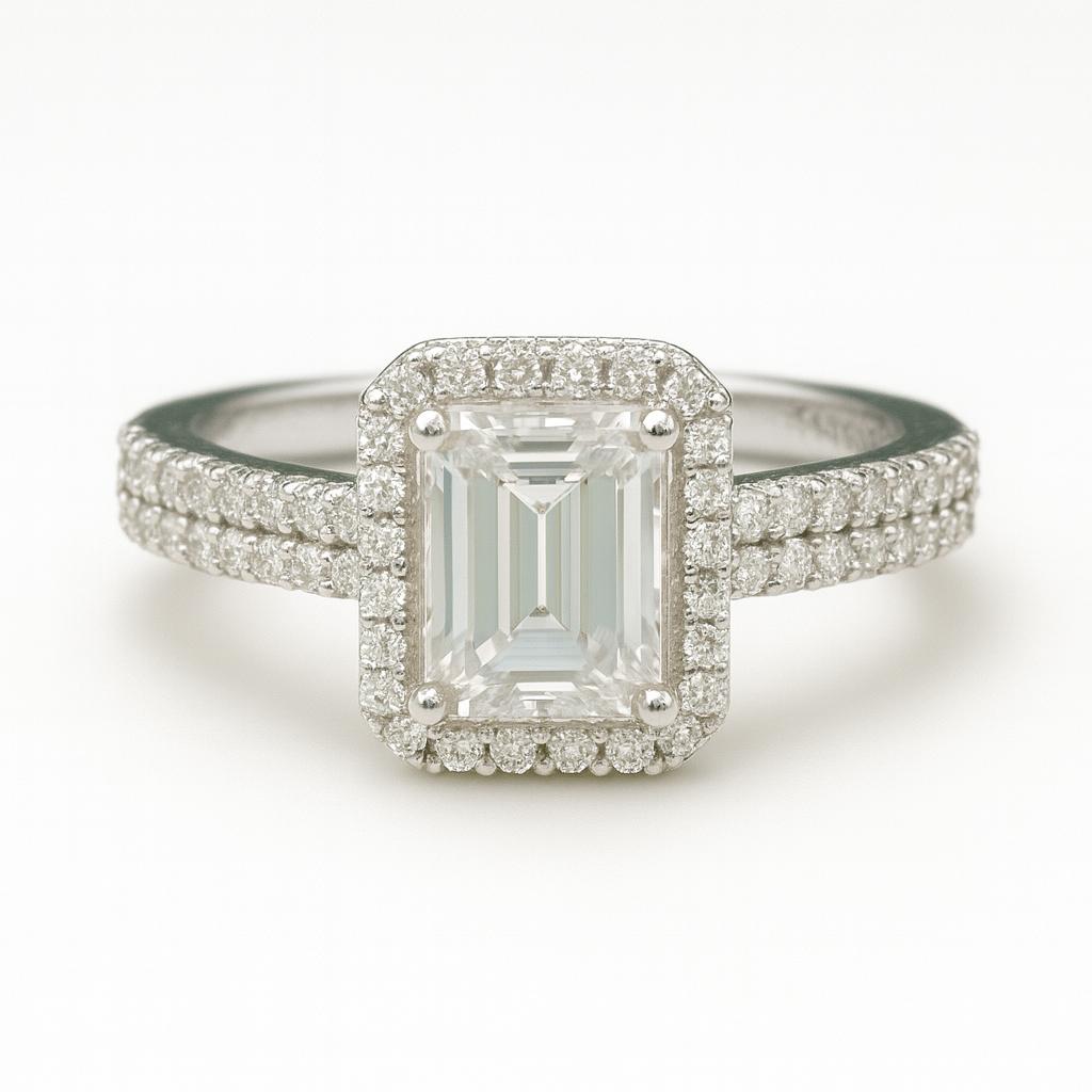 1.0ct D-Colour Emerald Cut Moissanite Ring with Double Band. GRA Certified