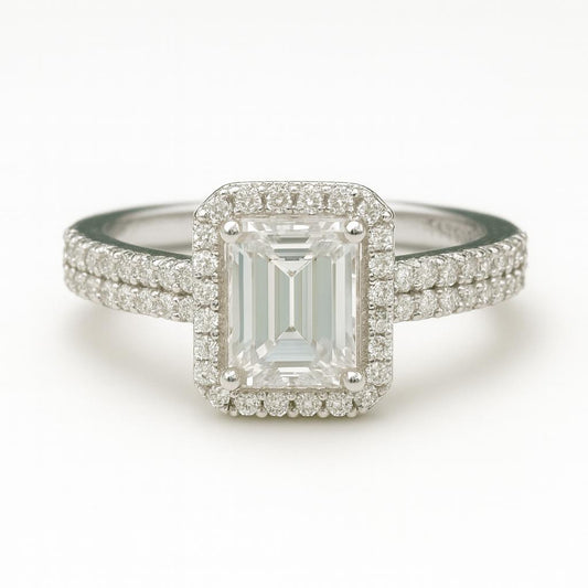 1.0ct D-Colour Emerald Cut Moissanite Ring with Double Band. GRA Certified