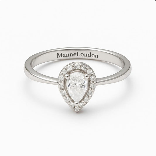 0.5ct D-Colour Moissanite Pear Halo Sterling Silver Engagement Ring - GRA Certified