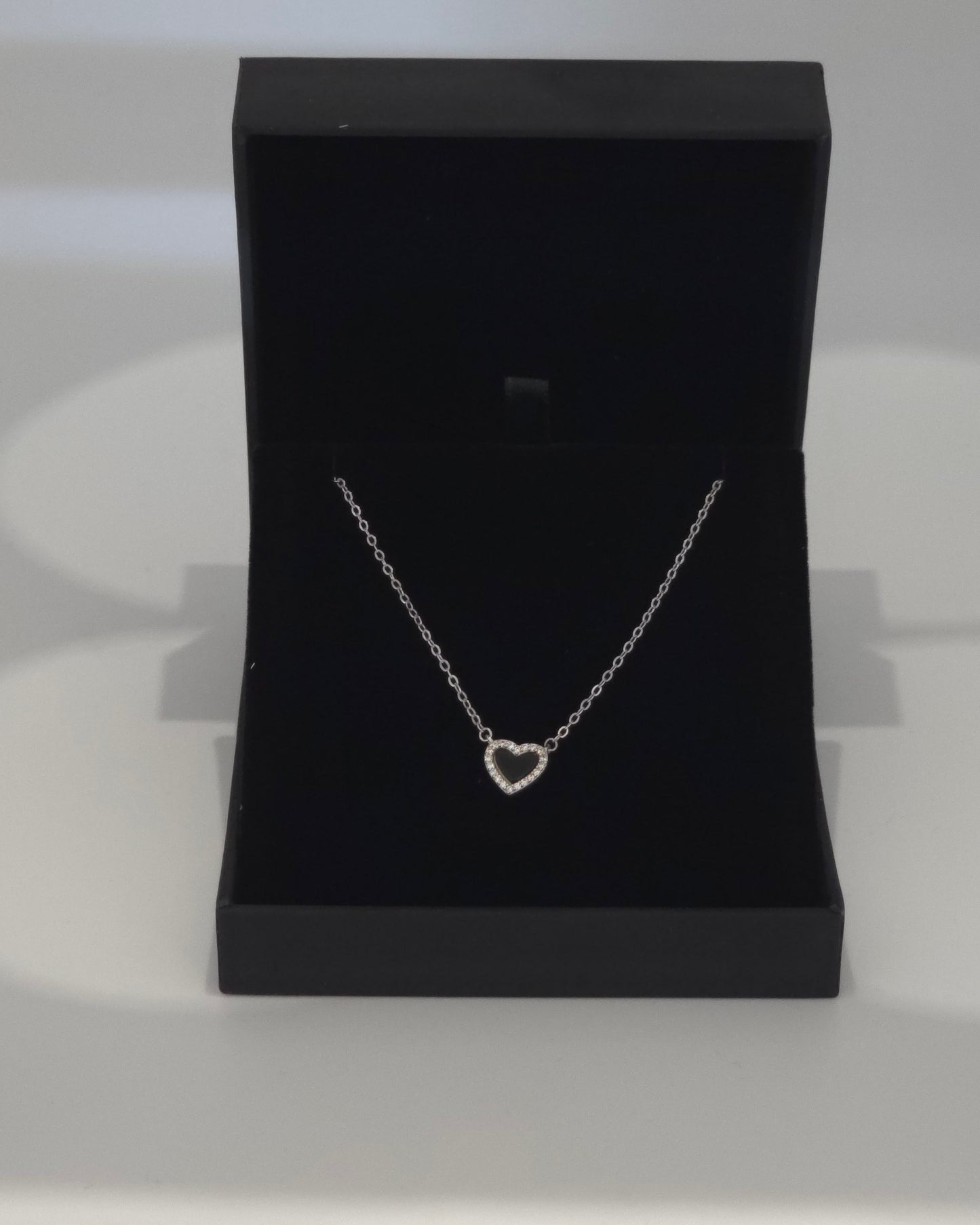 Sterling Silver 925 Black Enamel Heart Pendant Necklace