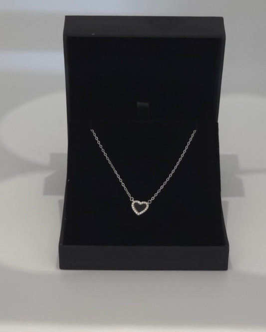 Sterling Silver 925 Black Enamel Heart Pendant Necklace