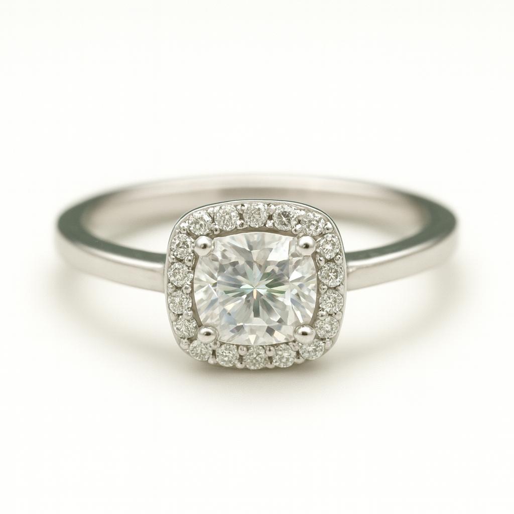 0.6ct D-Colour Cushion Halo Moissanite Engagement Ring. GRA Certified