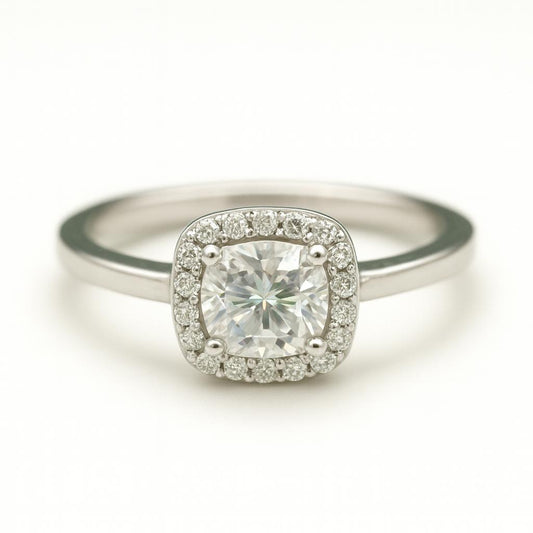 0.6ct D-Colour Cushion Halo Moissanite Engagement Ring. GRA Certified