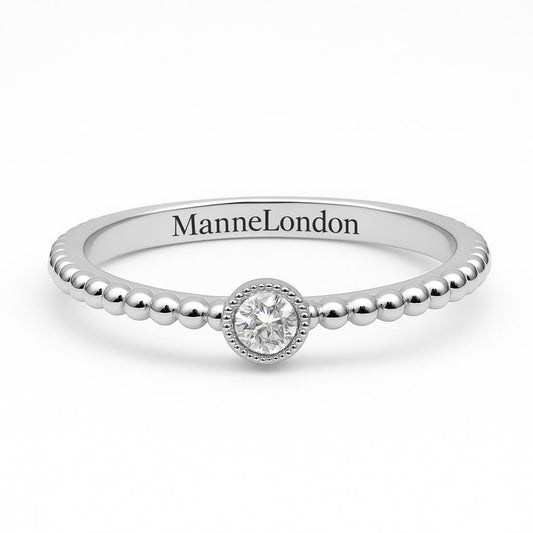 0.1ct Beaded Moissanite Dainty Stacking Sterling Silver Ring. GRA Certified
