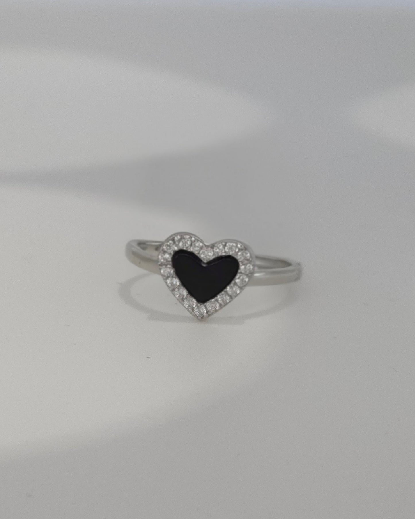 Sterling Silver 925 Black Enamel Heart Ring with CZ Halo