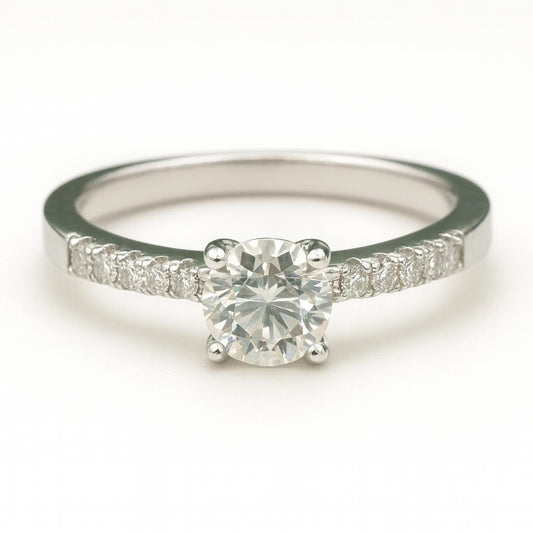 0.5ct D-Colour Round Moissanite Solitaire with Side Stones Ring. GRA Certified
