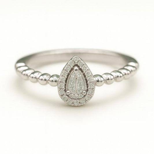 0.23ct D-Colour Pear Halo Moissanite Ring with Beaded Band. GRA Certified