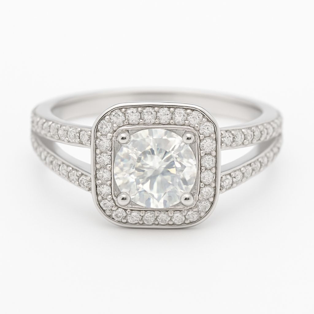 Modern Cushion Halo Split Shank Moissanite Ring | 0.5ct D Colour GRA Certified