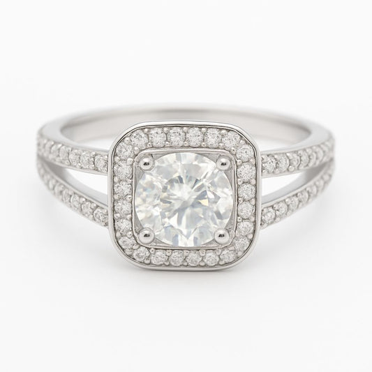 Modern Cushion Halo Split Shank Moissanite Ring | 0.5ct D Colour GRA Certified