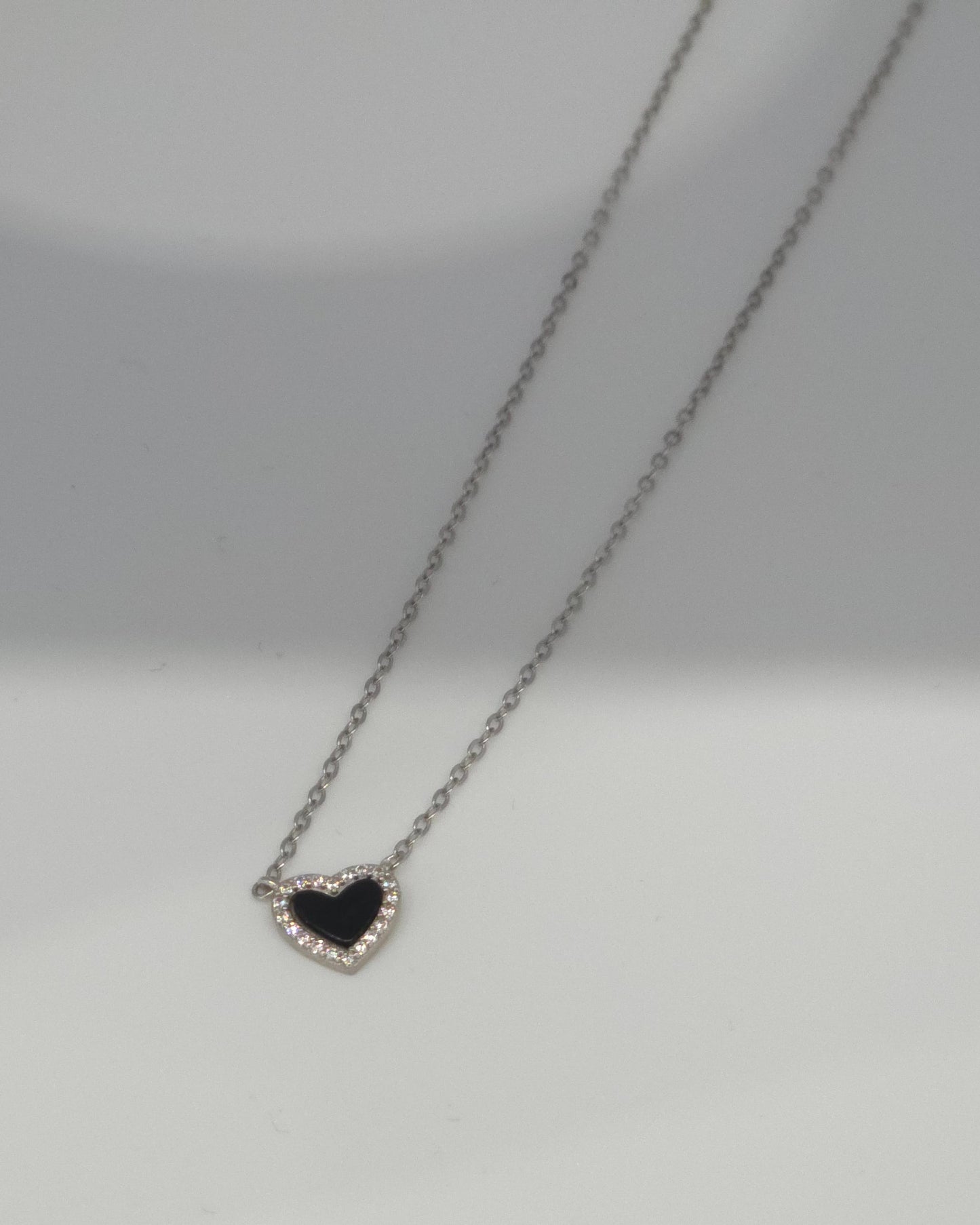 Sterling Silver 925 Black Enamel Heart Pendant Necklace
