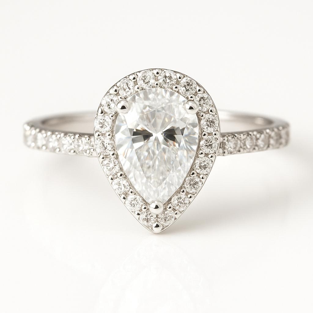 1.25ct D-Colour Pear Halo Moissanite Engagement Ring. GRA Certified