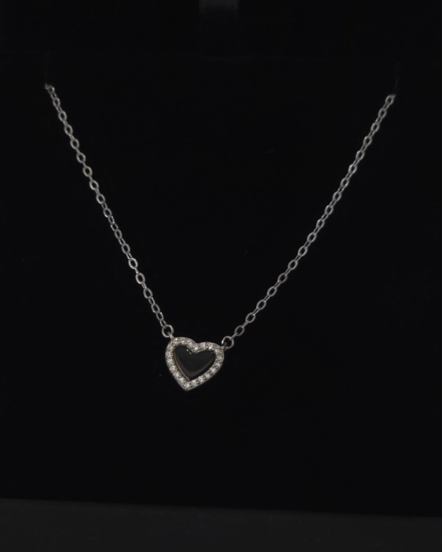 Sterling Silver 925 Black Enamel Heart Pendant Necklace