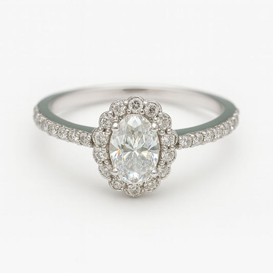 0.5ct D Colour Oval Halo Moissanite Silver Ring | GRA Certified