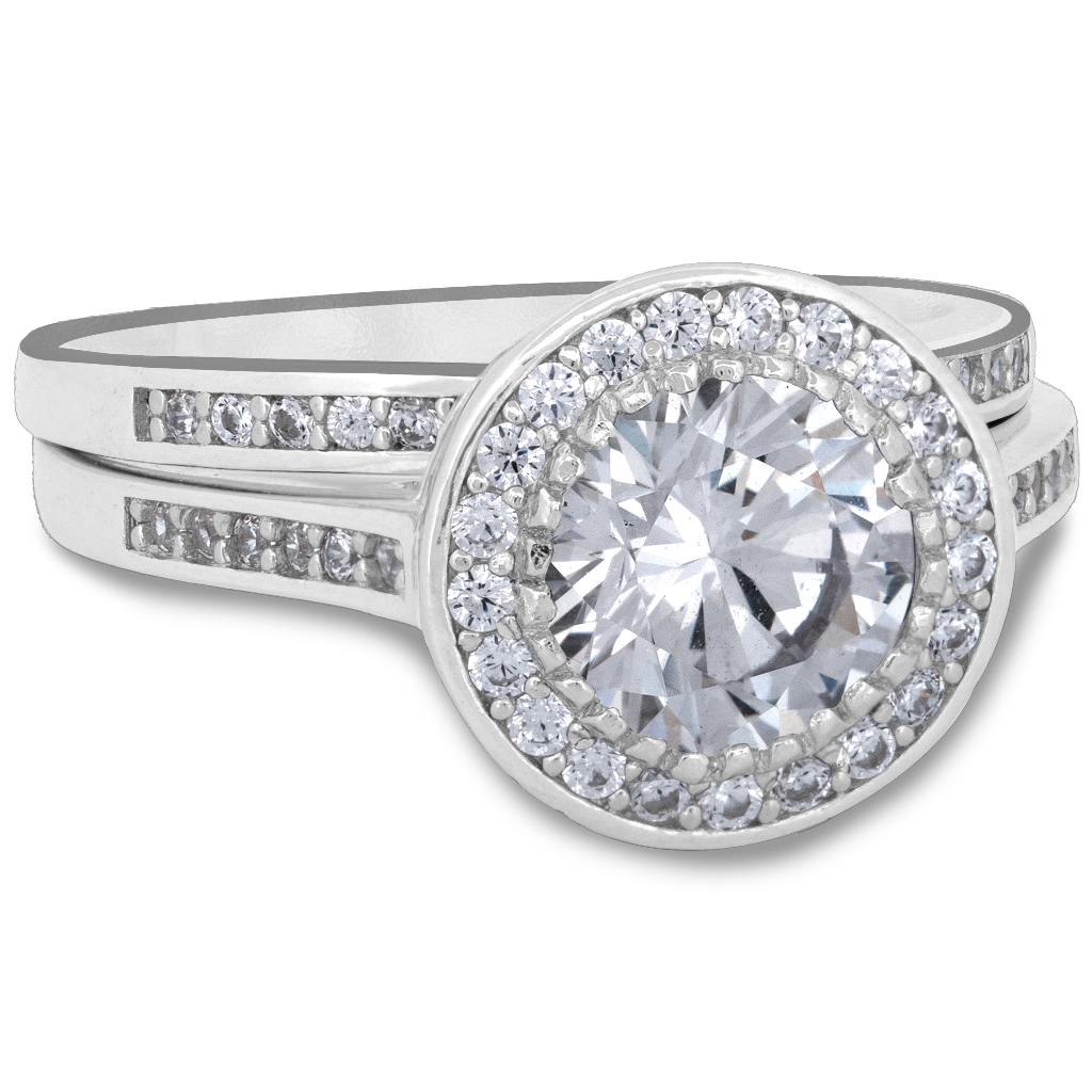 Sterling Silver Round CZ Halo Engagement Ring Set