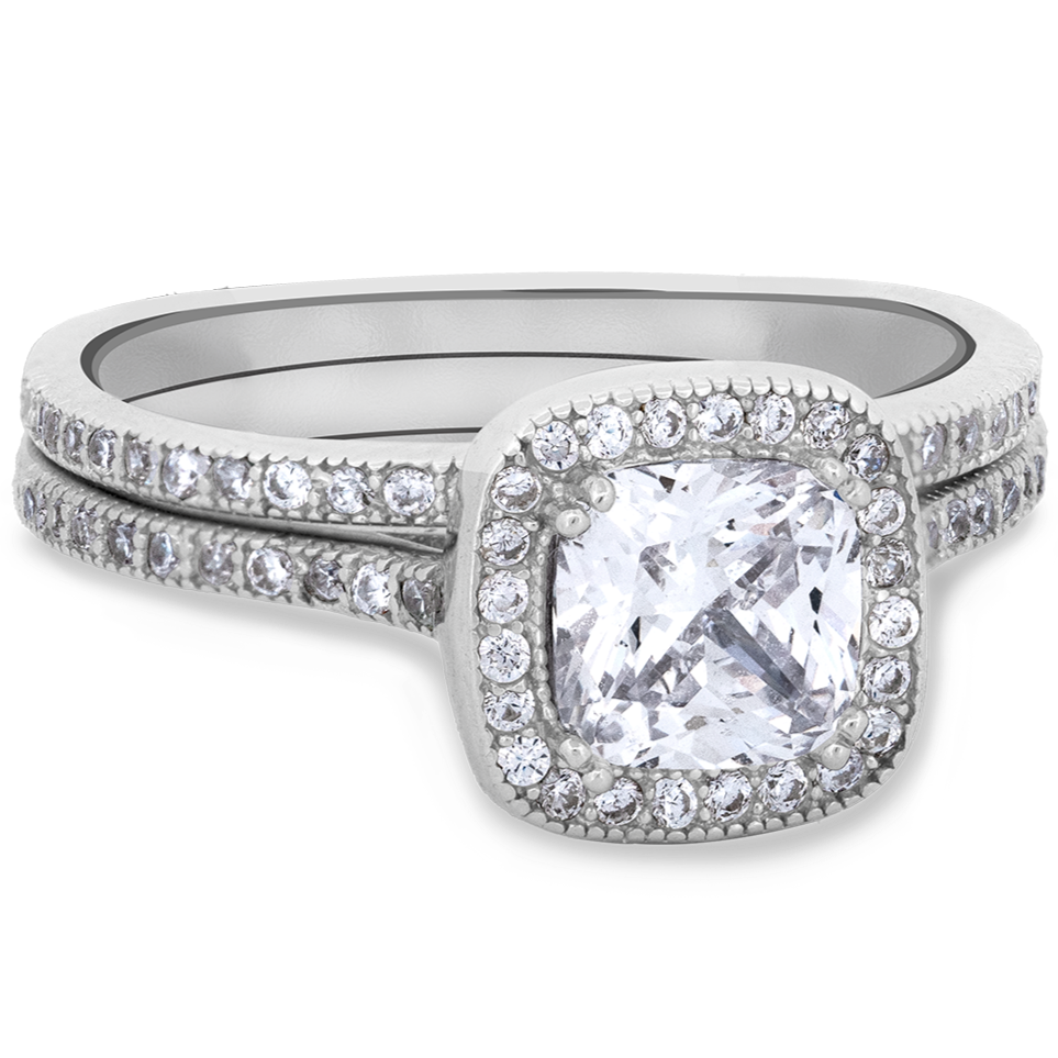 Sterling Silver Cushion Cut CZ Halo Ring & Band Set